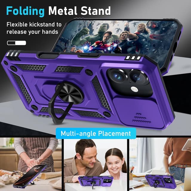 Detalle 2 de Janmitta Case for iPhone 14 & iPhone 13 with Slide Camera Lens Cover, Kickstand & Tempered Glass Screen Protector (Purple)