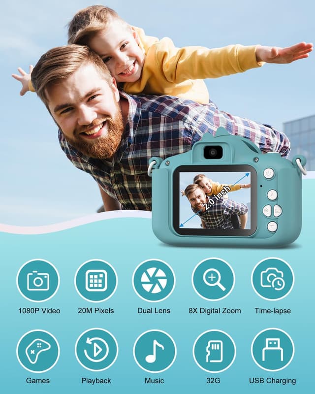 Detalle de Hangrui Kids Camera (Dark Green) – 20MP dual-lens digital camcorder with 2-inch IPS screen, 32GB card