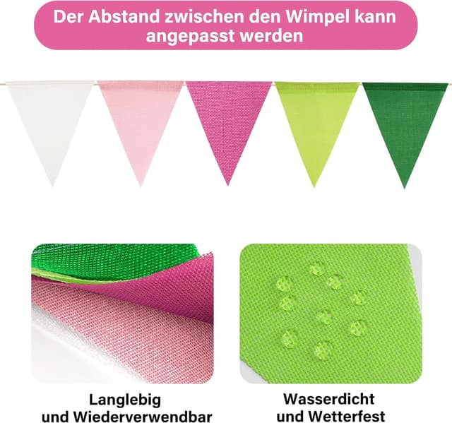Detalle de jijAcraft Rosa-Grün Wimpelkette Outdoor (20 m, 5 Stück) – wetterfest für Gartenparty & Camping