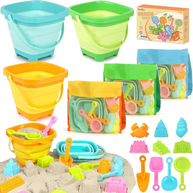 Detalle de Dreamon Beach Toys for Kids (3–10) – 30-Piece Collapsible Sand Toys Set with 3 Buckets, Molds & Mesh Storage Bags