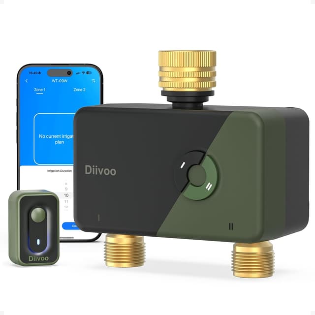 Detalle de Diivoo WLAN-Bewässerungscomputer mit 2 Ausgängen, Messinganschlüssen und 12 Zeitplänen (APP/Alexa/Google, Regenverzögerung)
