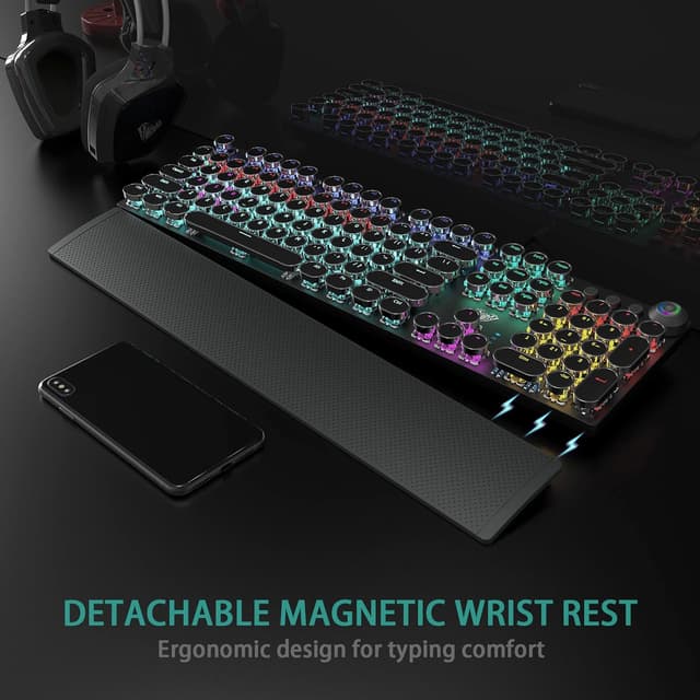 Detalle de AULA F2088 Typewriter-Style Mechanical Gaming Keyboard with Blue Switches, Media Knob & Removable Wrist Rest (108-key wired, black)