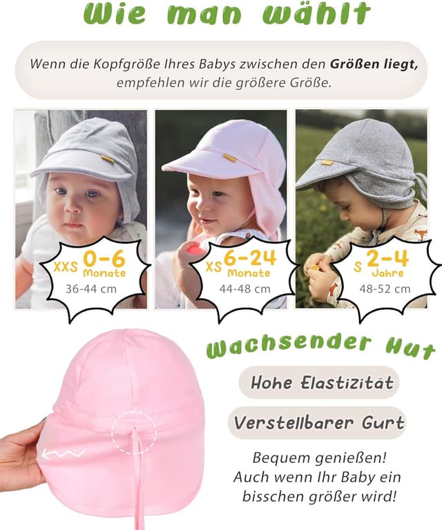 Detalle 2 de FURTALK Baby- & Kleinkind-Sonnenhut mit UPF 50+ UV-Schutz, verstellbarer Kinnriemen und Halsklappen