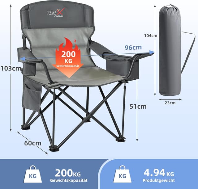 Thumbnail 2 de RELAX FIELD faltbarer Campingstuhl mit hoher Rückenlehne, bis 200 kg, Getränkehalter und Kühltasche (Grau)