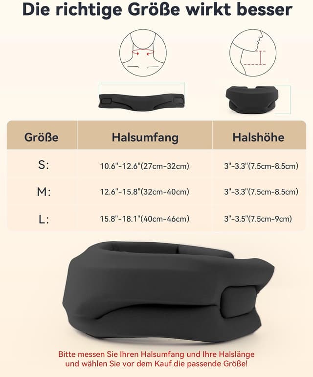 Detalle de BETOVIN Nackenstütze gegen Nackenschmerzen (semi-rigide Halskrause) – verstellbar, für Schlafen & tagsüber, Schwarz, M