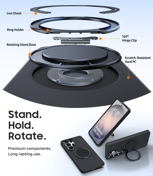 Thumbnail 6 de AOUIA Samsung S26 Ultra Case (Black) with 2-Pack Screen Protector & 360° Kickstand