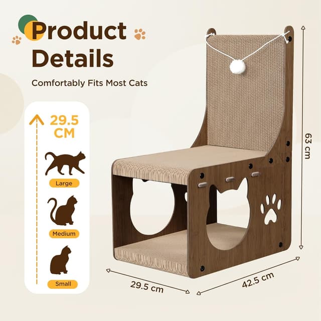 Detalle de Gimars Grattoir chat en carton en forme de chaise avec balles et tunnel cachette (noyer)