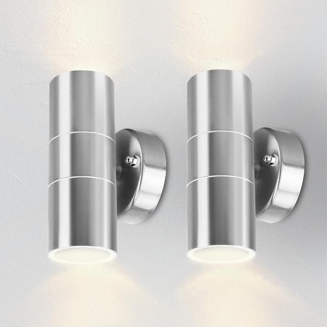 Detalle de Kerry Outdoor Wall Lights up & down mains powered, IP44 stainless steel wall sconce (2 pack) – silver
