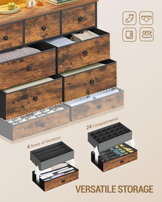 Detalle de Hzuaneri Commode 9 tiroirs avec bande lumineuse LED, 2 ports USB et 2 prises secteur (30 x 100 x 95 cm) Vintage DU02901BEU