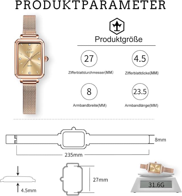 Detalle de Taxau Damenarmbanduhr mit Quarzwerk, Edelstahl und römischen Ziffern – bis 30 m wasserdicht