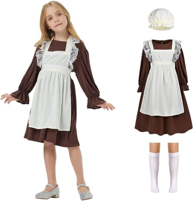 Detalle de Aomig Vestito da Cameriera Bambina in stile medievale (kit da 4 pezzi: abito, grembiule, bonnet e calzini)