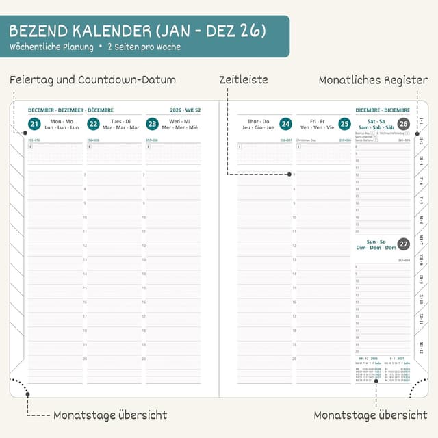 Detalle de BEZEND Kalender 2026 A5 Wochenplaner mit Register 📘