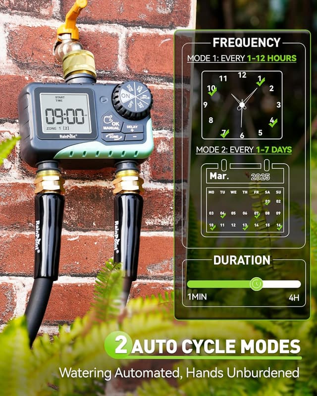 Detalle 2 de RAINPOINT Water Timer 2 Outlets – IP65 garden hose irrigation timer with brass inlet/outlet