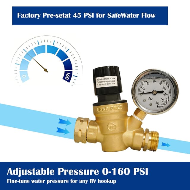 Detalle 2 de Hourleey RV Water Pressure Regulator (Adjustable Handwheel, Brass) with Gauge & Inlet Screen Filter