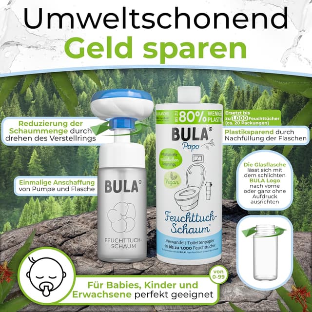 Detalle de BULA Popo Öko Glas Bundle – Feuchttuch-Schaum Starterset mit Glasflasche & Nachfüll-Flasche