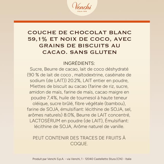 Detalle de Venchi Œuf au chocolat à la noix de coco, éclats de biscuit noir (150 g) sans gluten, avec surprise