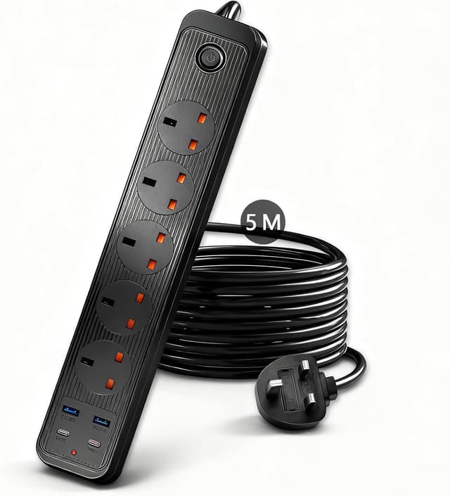 Detalle de 5M Extension Lead with USB Slots (2 Type C + 2 USB) and Overload Protection, 5 Plug Black