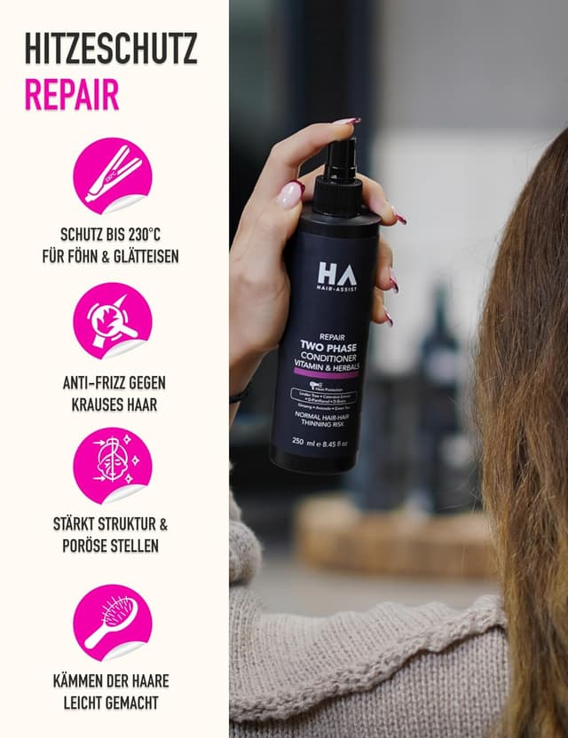 Detalle 2 de HA Hair-Assist Hitzeschutz Leave-in Conditioner Spray für Glätteisen bis 230 °C (250 ml) mit Anti-Frizz