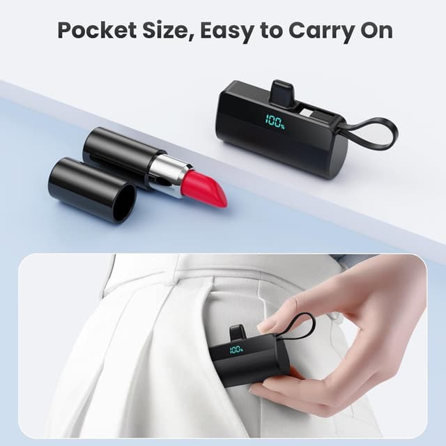 Detalle de Mini Portable Charger for iPhone (5500mAh) – 20W PD Power Bank with Built-in USB-C Port, 2 Outputs (Black)