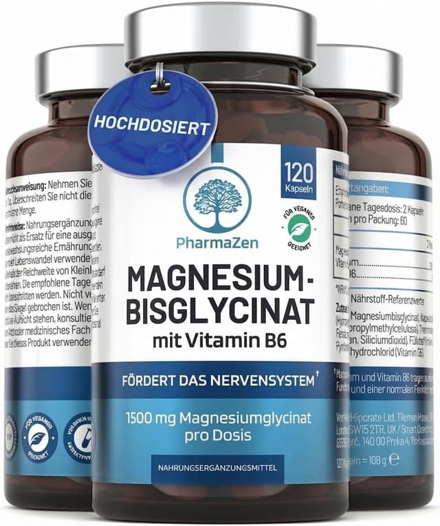Detalle de Magnesium Bisglycinat hochdosiert mit Vitamin B6 (1500 mg, 120 Kapseln) – vegan & laborgeprüft