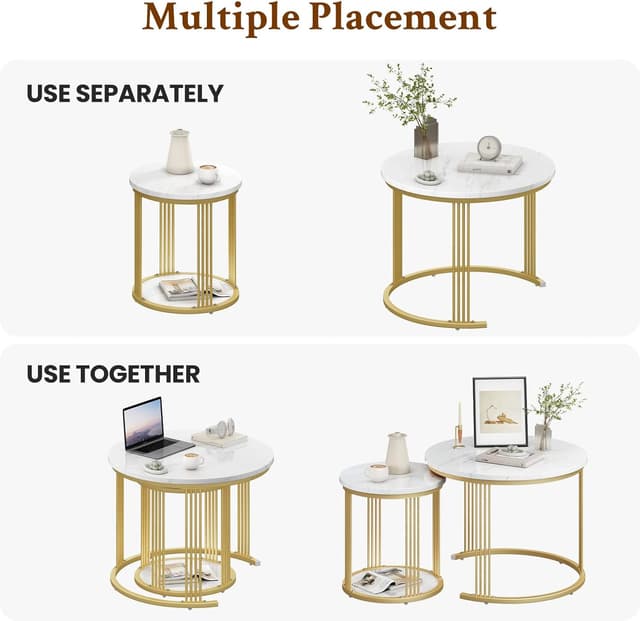 Detalle de Dripex lot de 2 tables basses gigognes rondes avec rangement et plateau effet marbre