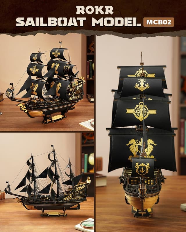 Detalle de ROKR Seahorse Barque 3D Sailboat Puzzle Kit
