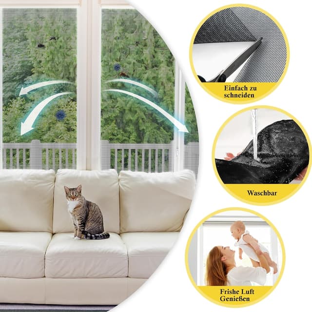 Detalle de fowong Fliegengitter Fenster 122×252 cm: Nanogitter DIY für Katzenkratzschutz, schwarz