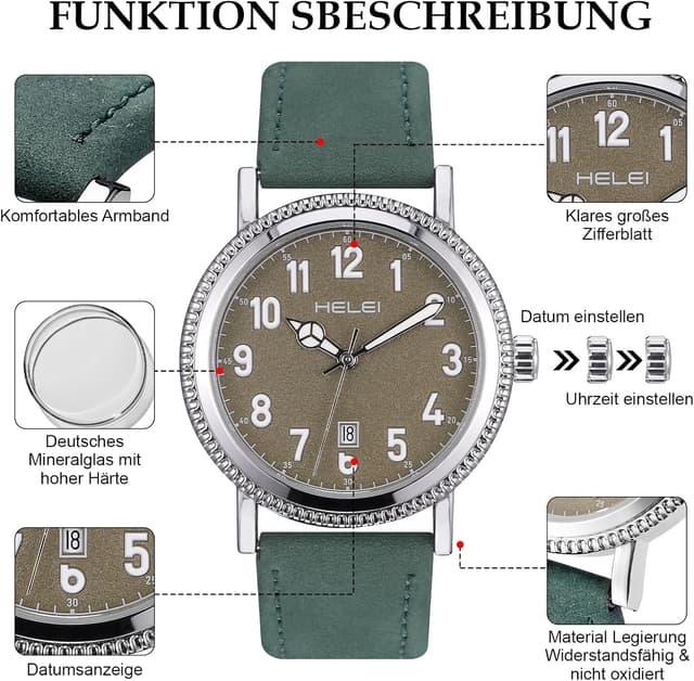 Detalle de JIZZU Herrenuhr mit Echtem Lederarmband, 42 mm Zifferblatt und Datumsanzeige