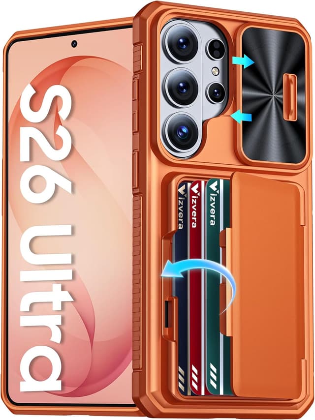 Detalle de Vizvera for Samsung Galaxy S26 Ultra case with sliding camera cover, card wallet & RFID protection (Orange)