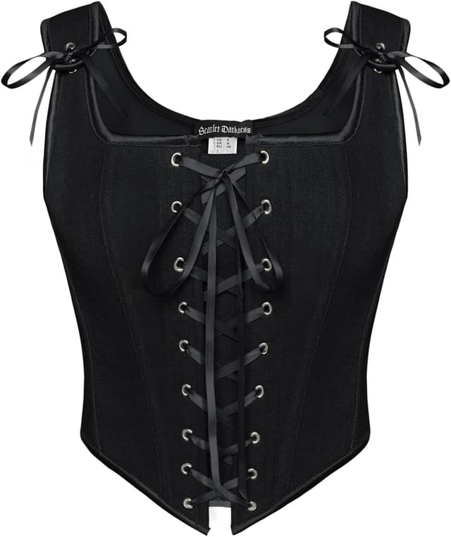 Detalle de SCARLET DARKNESS Damen Renaissance-Korsett „Darkness“ mit Vintage-Lacing und eckigem Ausschnitt
