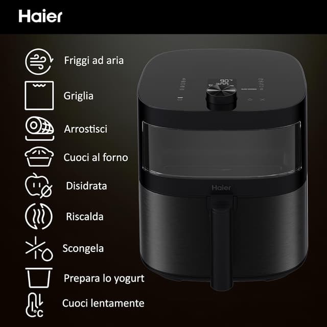 Detalle de Friggitrice ad aria Haier Serie 5 9 in 1 da 7 L (nero) con display e finestra in vetro
