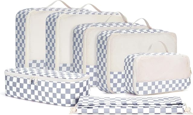 Detalle 2 de Narwey 7-teilige Koffer-Organizer Set (Checker Graublau) für Handgepäck & Rucksack
