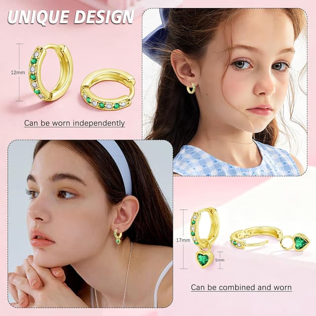 Detalle de Bewenda Ohrringe aus 925 Silber für Kinder und Damen – kleine Creolen mit Herz und Zirkonia (hypoallergen)