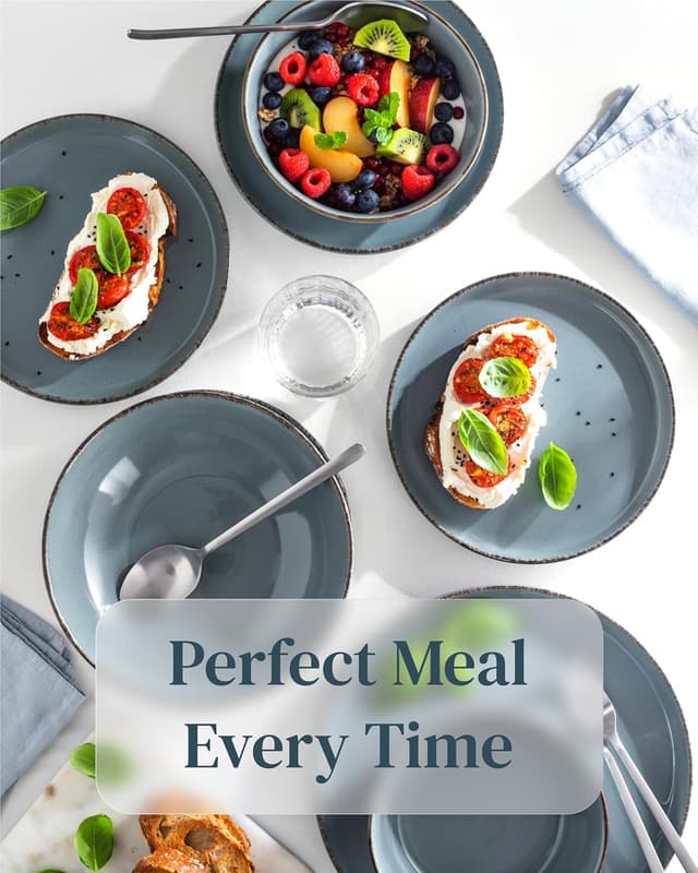 Detalle 2 de PURE LIVING INTERIOR DESIGN Rustic stoneware dinnerware set for 8 people (24 pcs) in smoky blue