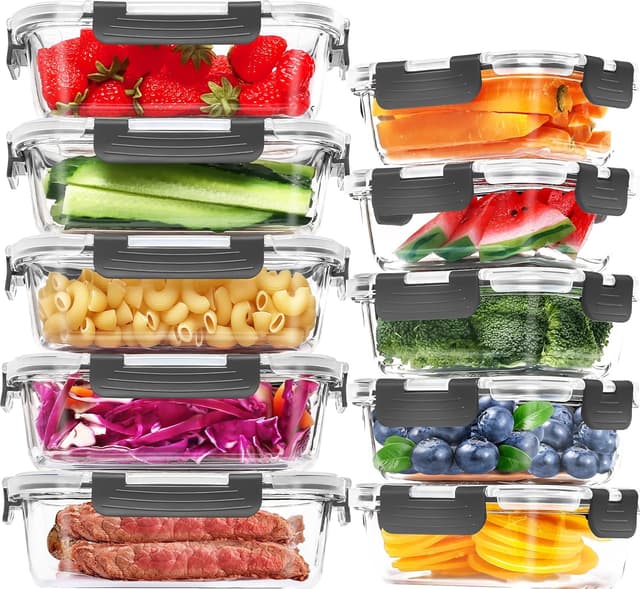Detalle de Skroam 10 Pack Glass Food Storage Containers with Lids (BPA Free, Leak Proof, Airtight)