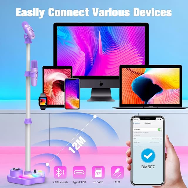 Detalle de Kinder-Karaoke-Maschine mit 2 Bluetooth-Mikrofonen und höhenverstellbarem Mikrofonständer (LED & 5 Toneffekte) – Geschenk ab 3 bis 12 Jahre