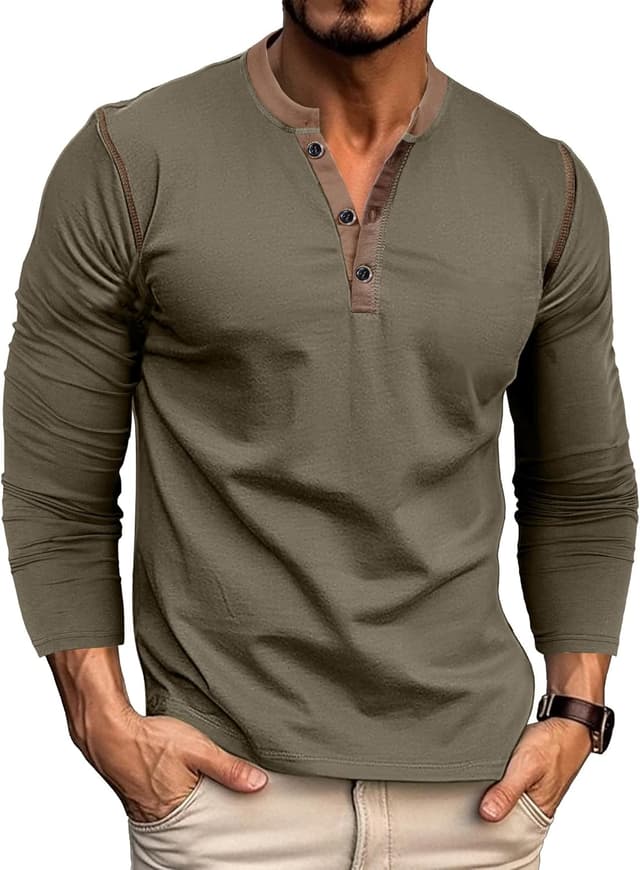 Detalle de Henley Shirt Herren Langarm T-Shirt mit V-Ausschnitt