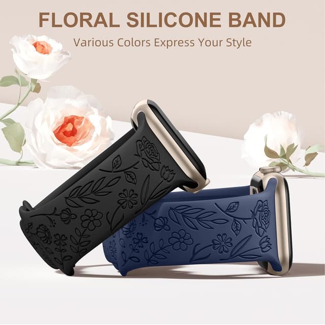 Detalle de Mastten Floral Engraved Strap for Apple Watch (38mm/40mm/41mm/42mm) — Rose Floral Soft Silicone Band, Black
