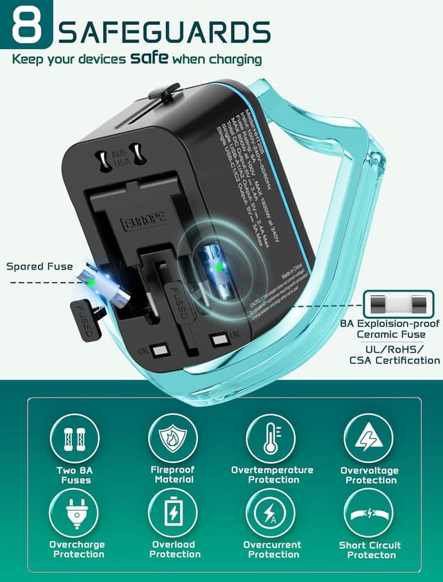 Detalle de TECSIX Weltweiter Universal-Reiseadapter mit 2 USB‑C, 2 USB‑A und AC-Steckdose (für EU/USA & mehr)