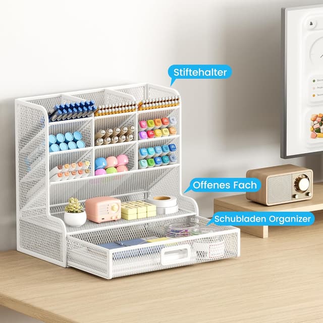 Detalle de VITVITI Schreibtisch-Organizer mit 9 Fächern und Schublade (Metall, weiß)