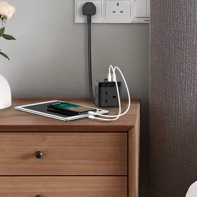 Detalle de JSVER Cube Extension Lead with 3 USB Ports (5V/2.4A) and 3 AC Outlets, 200cm Cable – Black