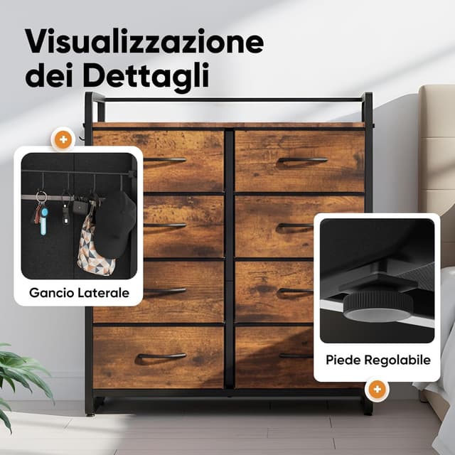 Detalle de HOKEEPER cassettiera in tessuto con 8 cassetti marrone (78,5 x 28 x 89 cm) per camera, sala e corridoio