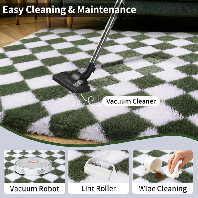 Detalle 2 de FVVRAX Checkered Shaggy Rug 200x300cm in Olive Green & White