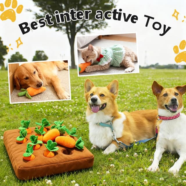 Detalle 2 de Yeqqzq Carrot Dog Toys 2-in-1 Snuffle Mat & Plush Puzzle with 12 Squeakable Carrots
