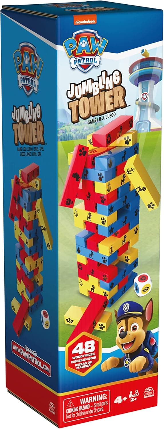 Detalle 2 de Paw Patrol Pat Patrouille – Tour Infernale : jeu de société d’équilibre à construire (48 blocs et 1 dé)