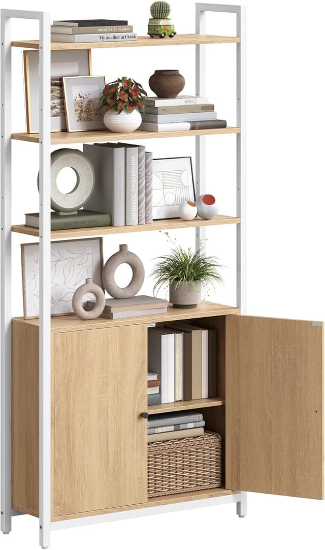 Detalle de VASAGLE LLS133YA01 Libreria verticale a 6 ripiani con anta, struttura in metallo e pannelli Rovere dorato/bianco opaco