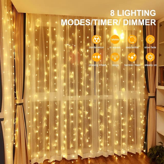 Detalle de CORST 2m x 2m curtain lights (204 LEDs) plug-in with remote timer and linkable design