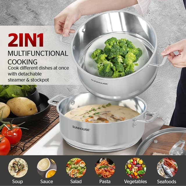 Detalle 2 de SUNHOUSE 2-Tier Stainless Steel Steamer Pot 5.5 QT 🍲