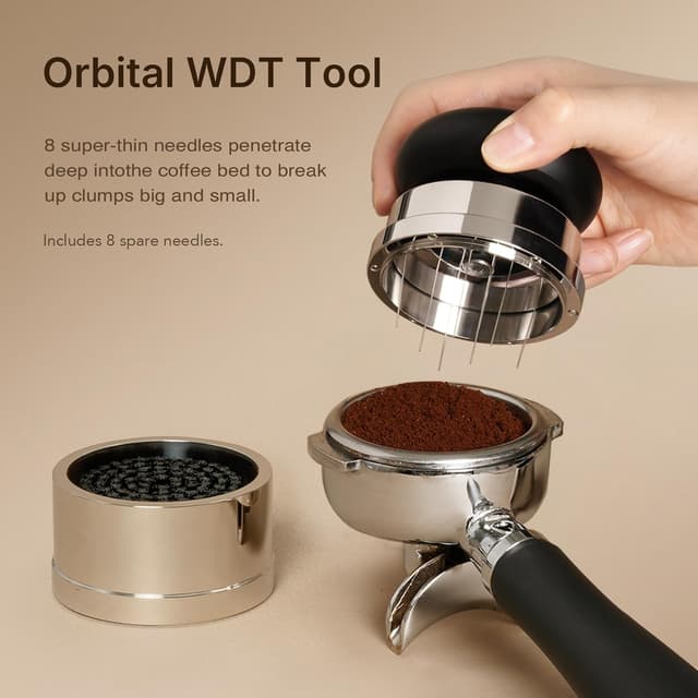 Detalle de TIMEMORE Espresso Tamper-Set 58,4 mm mit WDT-Werkzeug, selbstnivellierendem Tamper und Gravity-Distributor