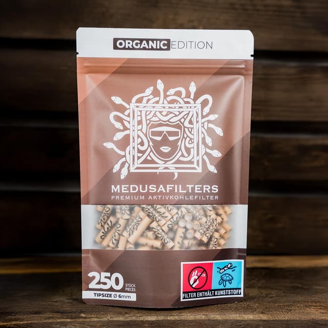 Detalle de Medusafilters Organic Edition: 250 Slim-Aktivkohlefilter (6 mm Ø) mit veganen Fasercaps & Kokos-Aktivkohle